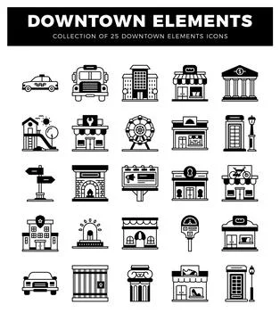 Downtown city elements icons in a grid layout. black and white stylized ill.. 스톡 일러스트