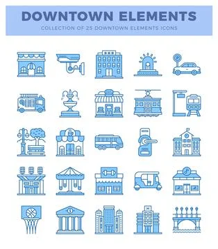 Downtown city elements icons in a grid layout. Stock Illustration