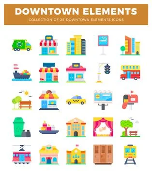 Downtown City Elements Icons Illustrazione stock