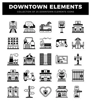 Downtown city elements icons Stock Illustration