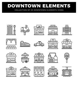 Downtown city elements icons. presented as simple line drawings on a white .. Illustrazione stock