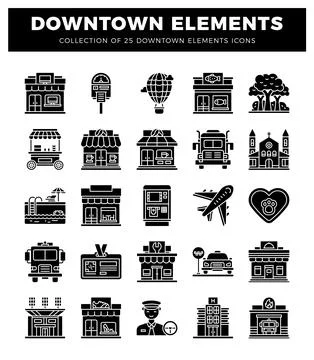 Downtown city elements icons. presented in a grid layout on a black backgroun Stock Illustration