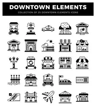Downtown city elements in a icons. set against a white background. Diverse .. Stock Illustration