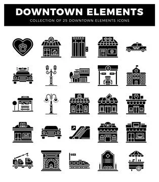 Downtown city icon elements on white background Stock Illustration