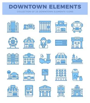 Downtown city icon with urban elements and civic buildings. Icon.. Stock Illustration