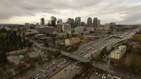 Downtown City Skyline Bellevue Washington Rush Hour I-405 Traffic Congestion Stock Footage