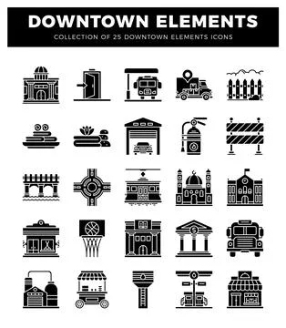 Downtown cityscape elements in black and white icons. building. transportat.. 스톡 일러스트