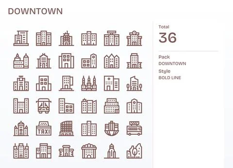 Downtown Complete Vector Package with 36 128x128 Bold Line PIXEL Perfect Icon Stock Illustration