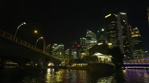 Downtown Core and Esplanade Bridge, at night Stock Footage 218626456