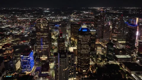 Downtown Dallas Skyscraper Cluster from Directly Above at Night Stock Footage 343073939