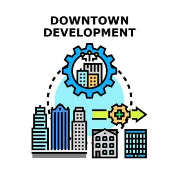 Downtown development process transforming urban infrastructure Stock Illustration