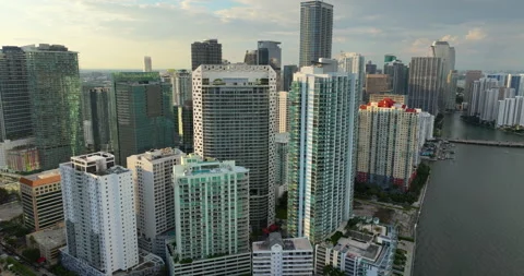 Downtown district of Miami Brickell in Florida, USA. Evening urban landscape of Stock Footage 325404202