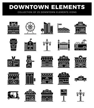 Downtown element icons. black and white. isolated on white Illustrazione stock