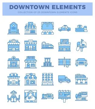 Downtown element icons with blue line art on a white background Stock Illustration