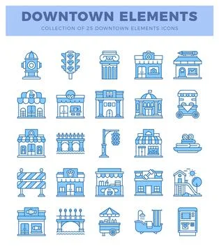 Downtown element icons in blue linear style. Stock Illustration