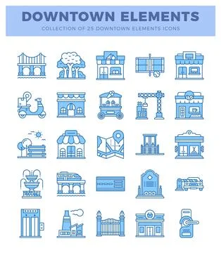 Downtown element icons in blue outline style on a white background. Stock Illustration