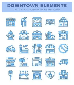 Downtown element icons in blue outline style on white background. Illustrazione stock