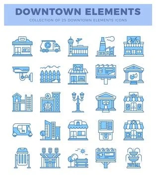 Downtown element icons in blue. showcasing urban infrastructure and service.. Ilustración de archivo