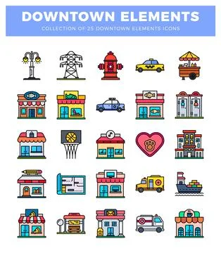 Downtown element icons featuring buildings. vehicles. and city services on .. Stockillustratie