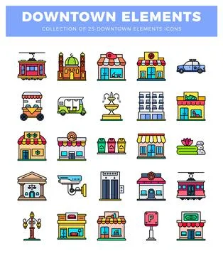 Downtown element icons featuring buildings. vehicles. and city services. is.. Ilustración de archivo