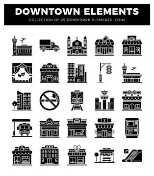 Downtown element icons featuring buildings. transportation. and signage Ilustración de archivo