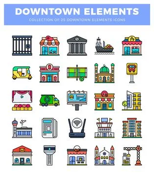 Downtown element icons featuring buildings and transportation. Flat design .. イラスト素材