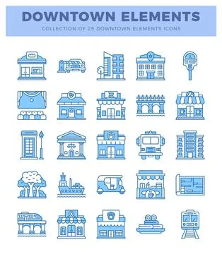 Downtown element icons featuring buildings. vehicles. and amenities. Blue l.. Ilustración de archivo