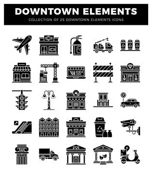 Downtown element icons featuring buildings. vehicles. and public services. .. 库存插图