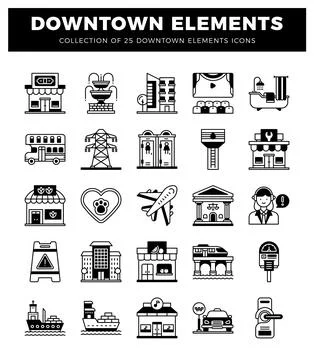 Downtown element icons featuring city buildings and services. Ilustración de archivo