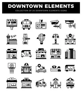 Downtown element icons featuring urban transportation and buildings. Ilustración de archivo