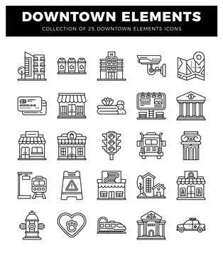 Downtown element icons. featuring various urban symbols like buildings. tra.. 스톡 일러스트