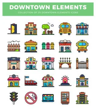 Downtown element icons in a flat design with colorful graphics Stockillustratie
