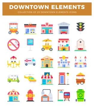 Downtown element icons in flat design Illustrazione stock