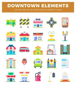 Downtown element icons in flat design with colorful urban buildings and tra.. Stock-Illustration