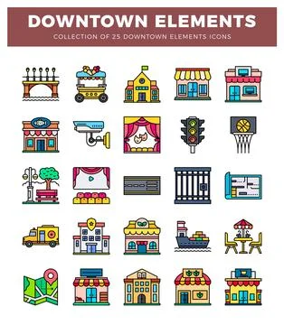 Downtown element icons in flat design style. including buildings and transp.. Illustrazione stock