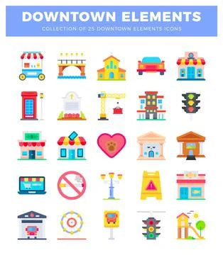 Downtown element icons in a flat illustration style with a white background. Ilustración de archivo