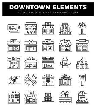 Downtown element icons. flat line art style. with buildings. shops. and urb.. Ilustración de archivo