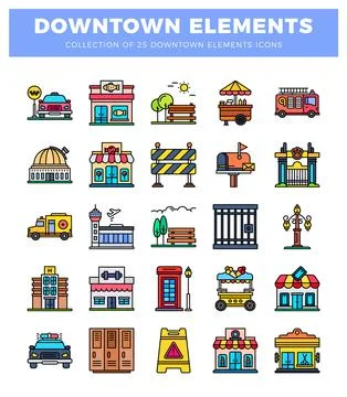 Downtown element icons in a grid layout against a white background. Stock Illustration