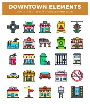 Downtown element icons in a grid layout. Stock Illustration