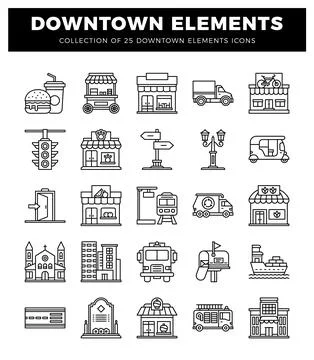 A downtown element icons in a grid layout. white background. Stock Illustration
