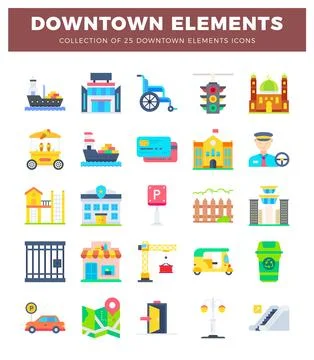 Downtown element icons in a grid layout. Stockillustratie