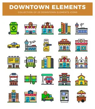 Downtown element icons including buildings. vehicles. and services 스톡 일러스트