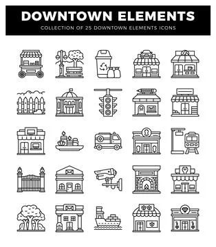 Downtown element icons including buildings. street furniture. and vehicles Ilustración de archivo