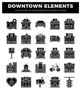 Downtown element icons. including buildings. vehicles. and street signs. pr.. 스톡 일러스트