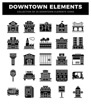 Downtown element icons including buildings. vehicles. and public amenities Stock Illustration