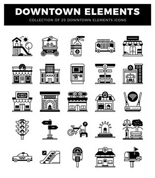Downtown element icons including buildings. vehicles. and public services Stock Illustration