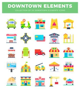 Downtown element icons including vehicles. buildings. and services. Illustrazione stock