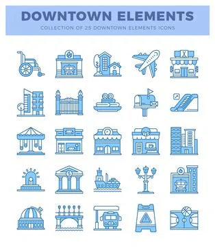 Downtown element icons presented in a clean. modern. blue outline style on .. イラスト素材