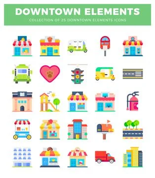Downtown element icons presented as a grid. Ilustración de archivo