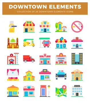 Downtown element icons. showing buildings and vehicles 스톡 일러스트